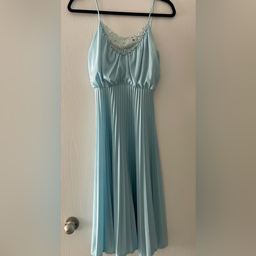 Vintage Light Blue Pleated Midi Dress